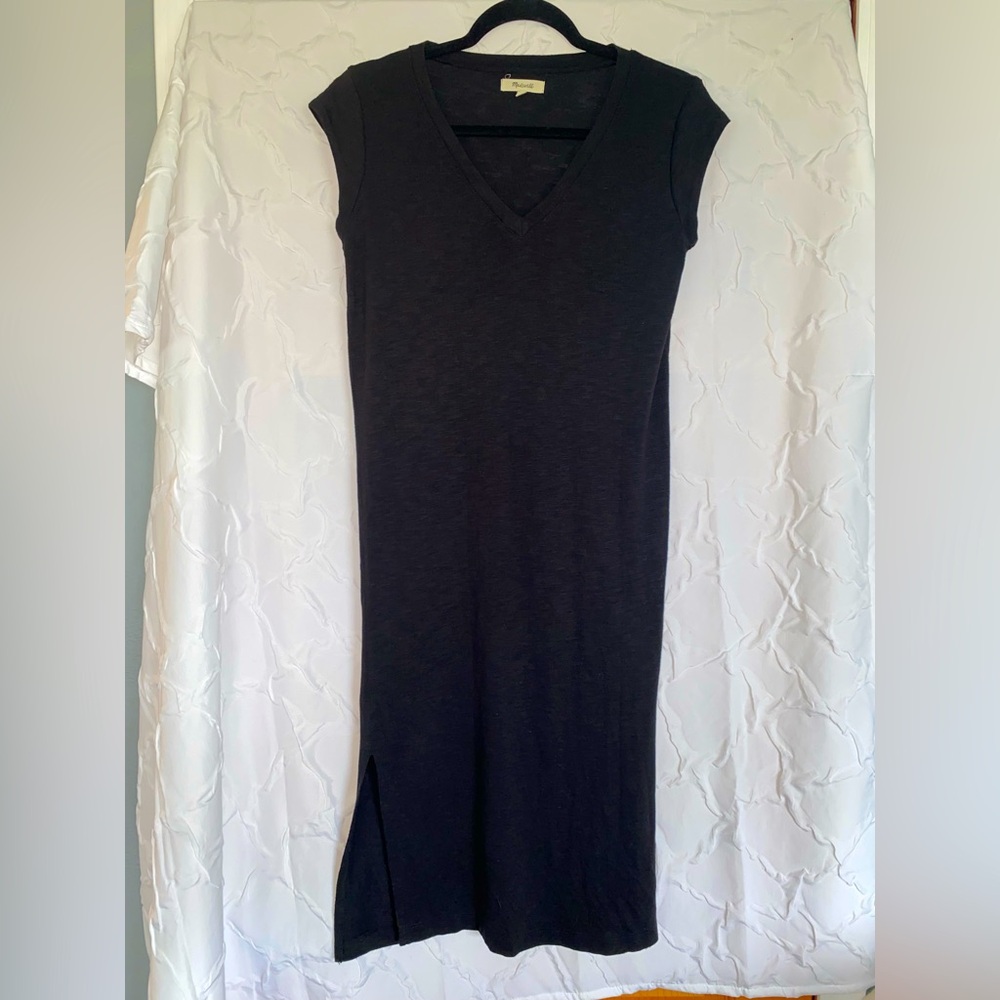 Madewell Midi V-Neck Women's Dress Small Cap Sleeves Slit Black Viscose